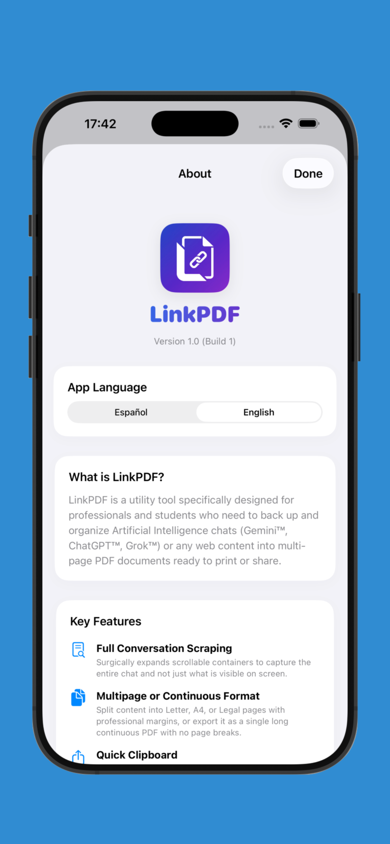 LinkPDF App Screenshot - History Screen